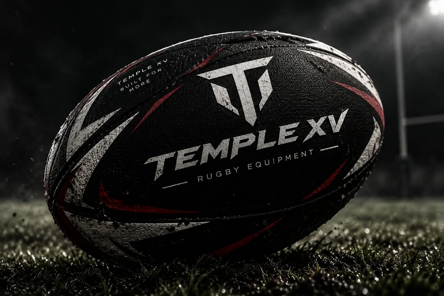 Pelota de rugby Temple XV sobre el césped, de noche, con el logo de la marca